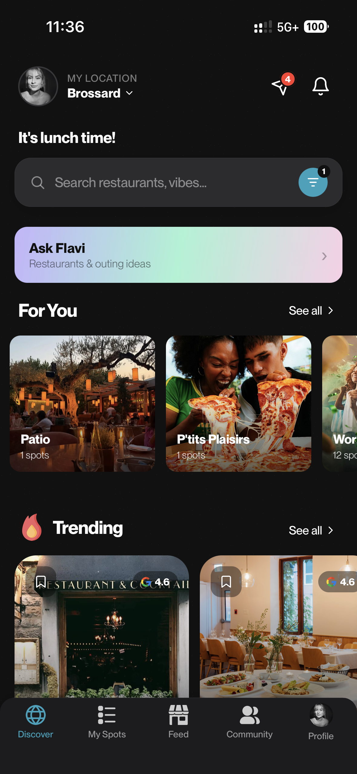 Flavr app — Trending (dark)